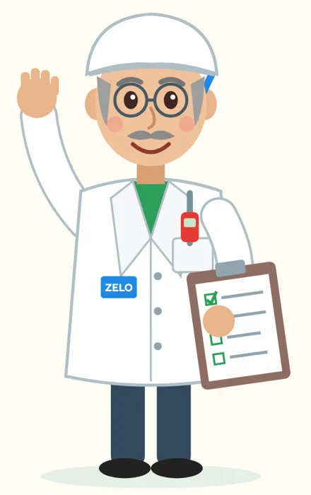 Auditor Zelo, personagem do livro, de jaleco, touca e prancheta, acenando